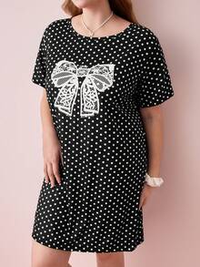 Bonmuse Plus Size Women's Polka Dot Bow Tie Short Sleeve Short Dress, Loose Comfortable Casual Sleepwear, Suitable For Summer - Black - View 7