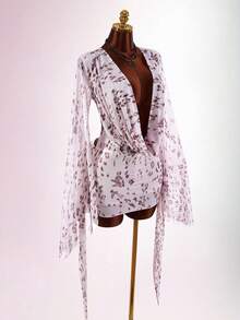 Amplova Romantic Sexy Vacation Earthy Tone Low-Cut Drape Collar, Flare Sleeve, Bodycon Mini Dress Club Night White Animal Print Autumn - Pink - View 5