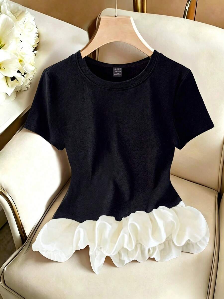 GlowEve Áo thun nữ cổ tròn tay ngắn, chắp vá, viền bong bóng, thời trang mùa hè - Đen và trắng - Xem 1