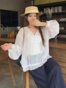 DAZY 女款純色寬鬆抓皺荷葉邊長袖休閒度假夏季襯衫，適合校園穿搭 - 白色 - 查看 4