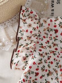 SHEIN Playful Pals 女嬰休閒復古碎花荷葉邊飛袖上衣與棕色長褲附腰帶 2件套，適合春夏季日常穿著與戶外活動 - 棕色 - 查看 5