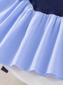 Genkimix Kids Young Young Girl Blue Comfy Round Neck Short Sleeve Patchwork Cute Casual Academy Style Bowknot Decor Dress - Blue - View 4