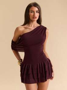SHEIN BAE Spring/Summer Solid Purple One-Shoulder Asymmetric Draped Waist Multi-Layer Ruffle Short Mini Dress Sexy Hot Girl Date Party Dress - Purple - View 4