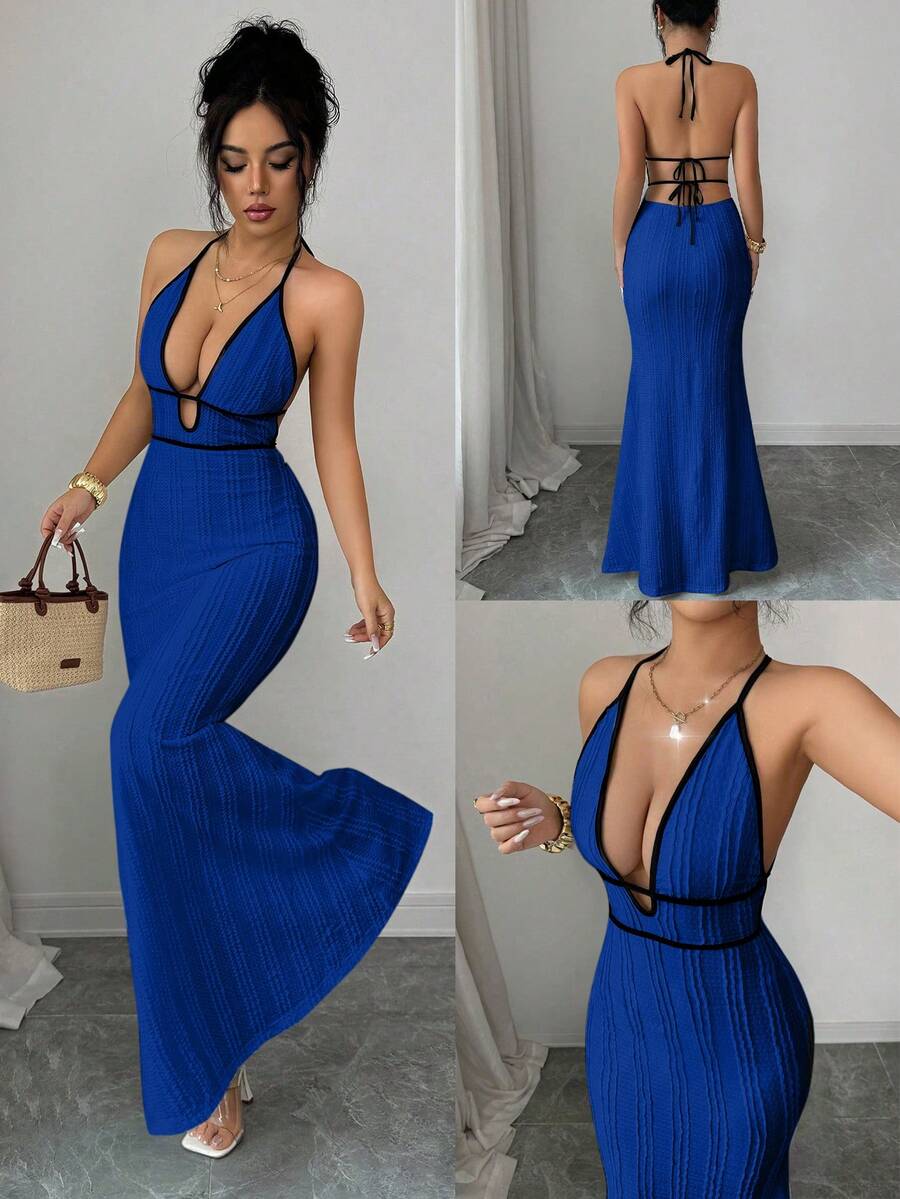 Rafferiza Gaun Bodycon Wanita Musim Semi/Panas yang Menawan, Seksi, Cocok untuk Liburan, Kencan, dan Acara Lainnya. Gaun Bodycon Rajut Bertekstur Pas Badan dengan Tali Bahu Tipis dan Trim Kontras Hitam. - Biru - View 1