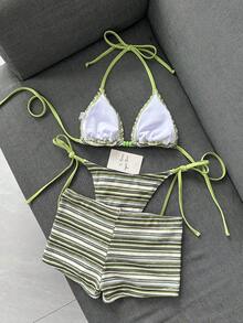 Vaytide 女款海灘裝紋理多彩條紋圖案面料淡粉色珠飾裝飾時尚休閒度假甜美女款掛脖比基尼平口短褲3件套 - 彩色 - 查看 4