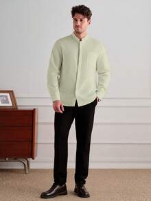 Core Aspect Men's Spring/Autumn Casual Daily Commute Minimalist Versatile Solid Color Stand Collar Long Sleeve Shirt - Beige - View 6