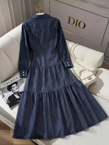 GlowEve Women's Solid Color Casual Long Sleeve Denim Dress - Blue - View 2