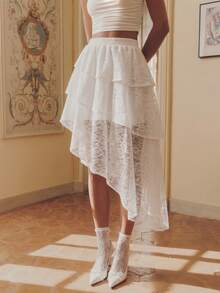 SHEIN MOD Asymmetric White Lace Multi-Layer Cake Skirt Date Vacation Summer Elegant Fairycore - White - View 2