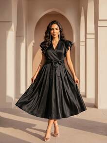 SHEIN Lady Đầm dài xếp ly cổ chữ V màu đen thanh lịch dành cho nữ - màu đen - Xem 6
