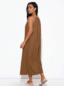 SHEIN BASICS 女款編織掛脖側開衩洋裝 - 棕色 - 查看 2