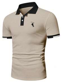 Calvornis Men's Short Sleeve Polo Shirt With Horse Print Cotton, Ceremony - Khaki - View 3