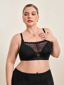 Hourtrue Plus Size Women Lace Patchwork Wireless Bra, Comfortable Lingerie - Black - View 7