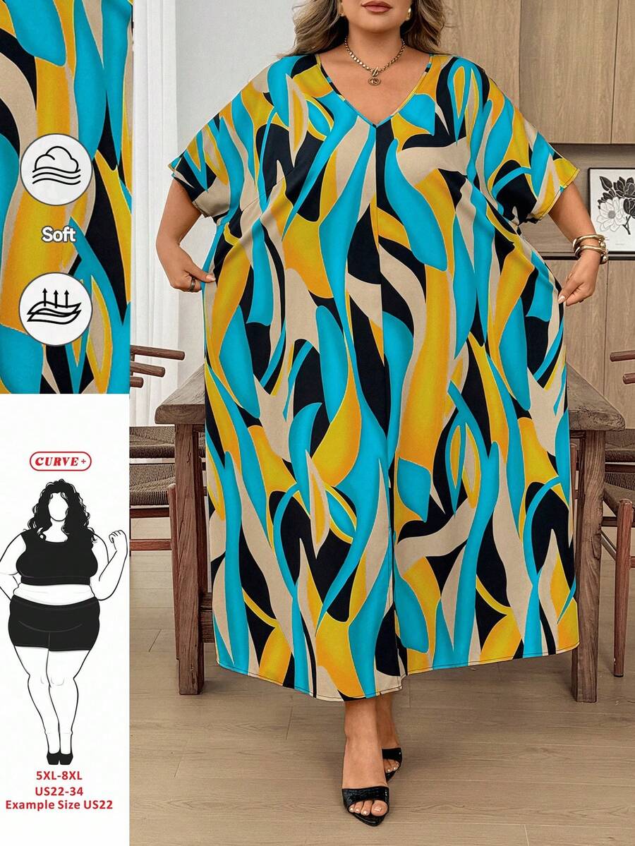 SHEIN CURVE+ CURVE 大尺碼 V 領長袖素色拼接寬鬆休閒洋裝,Curve Plus,Hoho 度假海灘女裝/海灘洋裝/海灘度假穿搭/海灘必備品/畢業典禮/下午茶派對洋裝 - 綠色 - 查看 1