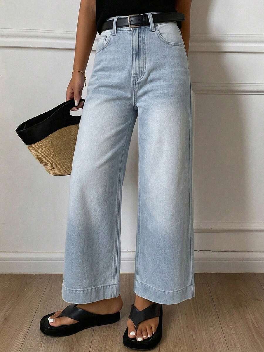DAZY Solid Color Loose Flare Pants With Split Line Pockets Casual Old Money Street Style Autumn Women Long Pants - Blue - View 1