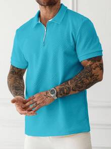 Manfinity Homme 男士短袖 1/4 前拉鍊極簡風格 Polo 衫 - 藍色 - 查看 4