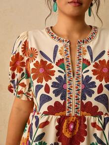 Levarali 大尺碼夏季度假花卉印花缺口領花瓣袖上衣 - 彩色 - 查看 5