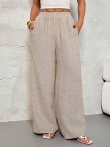 SHEIN PETITE Quần ống rộng nữ cạp chun, đa năng, thích hợp mặc đi làm, mùa xuân hè, mùa hè cho nữ, thanh lịch cho nữ, đi nghỉ mát, thường ngày cho nữ, cạp chun, chất liệu giống vải lanh, màu kaki và nâu, dáng rộng, thoải mái, thích hợp mặc thường ngày. - Màu Khaki - Xem 7