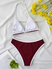 SHEIN 青少年女孩夏季新款海灘度假時尚甜美可愛撞色波點印花露背比基尼套裝 - 酒紅色 - 查看 2