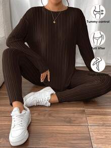 SHEIN Frenchy Drop Shoulder Ribbed Knit Tee & Leggings Textured Fabric Two Pieces - Chocolate Brown - View 5