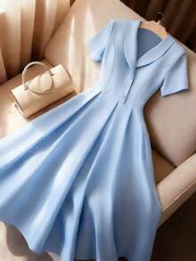 GlowEve CURVE Women's Plus Size Baby Blue Button A-Line Dress, Spring/Summer Wedding Guest Elegant - Blue - View 3
