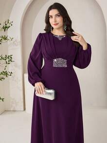 Veilorie Plus Size Elegant Party Rhinestone Decorated Dress Fall - Purple - View 3