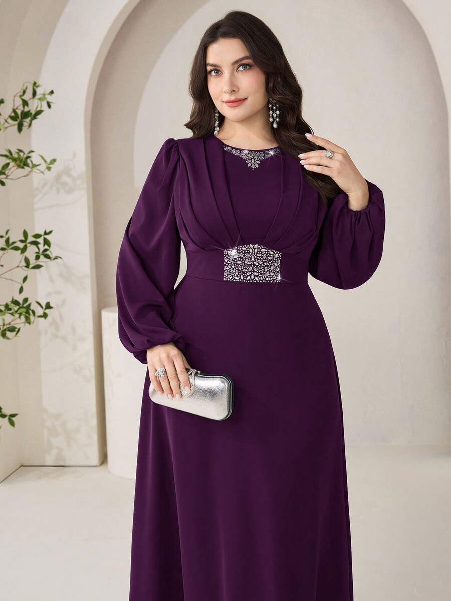 Veilorie Plus Size Elegant Party Rhinestone Decorated Dress Fall - Purple - View 1