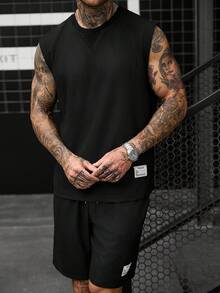 Manfinity CasualCool 男士極簡圓領無袖背心與短褲套裝 - 黑色 - 查看 4