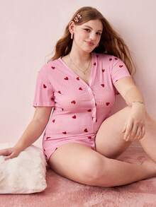 Bonmuse Plus Size Sexy Striped Heart Print Short Sleeve Jumpsuit - Pink - View 4