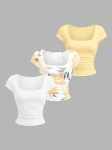 SHEIN EZwear 3件組女款休閒百搭收腰打褶短袖修身T恤，夏季百合印花圖案T恤與素色T恤女上衣套裝 - 彩色 - 查看 1
