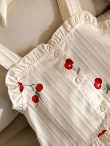 SHEIN Genkimix Kids 2件套女童休闲樱桃印花吊带背心和裤子套装，提花梭织面料，适合日常和度假穿着，夏季百搭 - 米色 - 查看 3