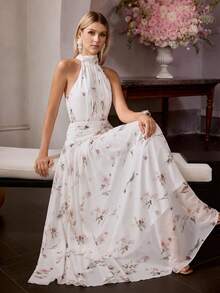 MOTF Soiréza ELEGANT WOMEN'S SLEEVELESS MOCK NECK MAXI PARTY GOWN WITH RANDOM FLORAL PRINT CHIFFON FABRIC, BACK NECK TIE BINDING FOR ADJUSTABLE FIT, RUCHED WAIST DETAILING - White - View 3