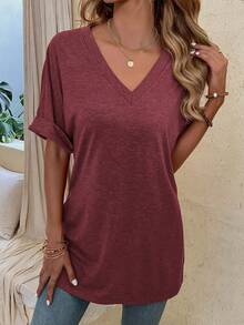EMERY ROSE Solid Color Knit V-Neck Loose Long Sleeve Casual Plus Size T-Shirt With Side Slit Design, Plus Size T-Shirt - Apricot - View 4