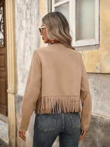 Brillora Women's Solid Color Tassel Trim Open Front Jacket Rave Camel Summer Boho Modest - Khaki - View 2