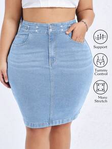Flexra Plus Size Solid Stretchy Knit Color Denim Bodycon Skirt With Pockets, Summer Formal Light Blue Casual - Light Wash - View 1