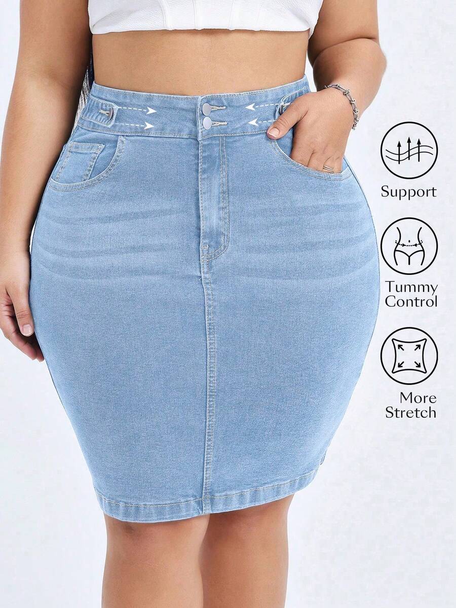 Flexra Plus Size Solid Stretchy Knit Color Denim Bodycon Skirt With Pockets, Summer Formal Light Blue Casual - Light Wash - View 1