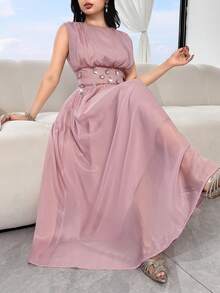 Feyla New Waist-Cinched Pleated Exquisite High-End Rhinestone Decorated Romantic Glamorous Banquet Formal Light Evening Dress Elegant Dusty Pink Summer - Dusty Pink - View 3