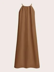 SHEIN BASICS 女款編織掛脖側開衩洋裝 - 棕色 - 查看 7