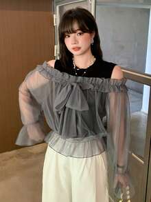 Dazy Plus Solid Color Sheer Mesh Bow Ruffle Cuff Fitted Slimming Casual Versatile 2-Piece Set For Women Spring Summer Autumn - Grey - View 5