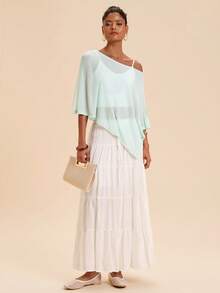 Travachic Women's Spring/Summer Asymmetrical Cape Shawl Loose Lazy Semi-Sheer Knit Top - Green - View 7