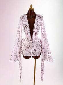 Amplova Romantic Sexy Vacation Earthy Tone Low-Cut Drape Collar, Flare Sleeve, Bodycon Mini Dress Club Night White Animal Print Autumn - Pink - View 4
