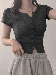 DAZY 女款修身短版長袖羅紋T恤 夏季 - 灰色 - 查看 2