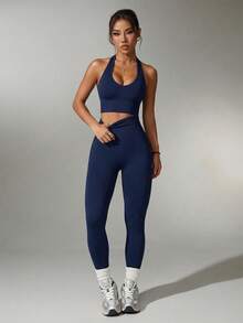 SHEIN Sports 女士纯色简约日常露背上衣和裤子运动套装 - 藏蓝色 - 查看 6