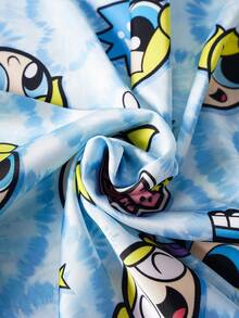 THE POWERPUFF GIRLS X SHEIN 女款卡通印花單排扣短袖上衣與休閒短褲睡衣套裝 - 藍色 - 查看 8