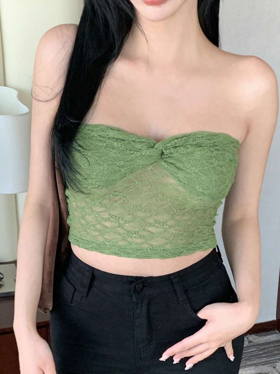 Women's Summer Sexy Solid Color Lace Twist Front Cropped Bandeau Top Club Green