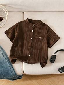 SHEIN Genkimix Kids Young Boy Single-Breasted Short Sleeve Casual Shirt - Brown - View 3