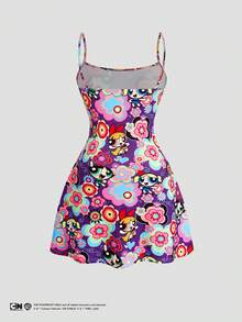 Sweetra THE POWERPUFF GIRLS X SHEIN Damen Große Größen Blumenmuster Trägerkleid, amerikanischer Y2K süßer & cooler Hot-Girl-Stil, geeignet für Musikfestival / Date / Streetwear mit Taillierung - Verschiedenfarbig - Übersicht 2