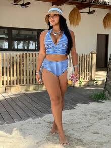 Swim Vcay Ensemble de maillot de bain de plage pour femmes 2026, nouveau, printemps/été, col licou, imprimé rayé, grande taille - Multicolore - Voir 6