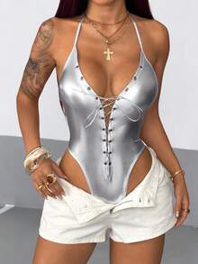 StreetHx Women's Summer Sexy V-Neck Lace-Up Silver Shiny Music Festival Rhinestone Decorated Bodysuit - Silver - View 4