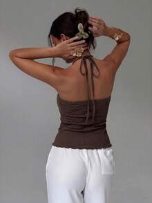 Aloruh Women's Summer Fashion Solid Color Textured Fabric Asymmetric Hem Backless Halter Top Going Out Dark Brown Sexy - Brown - View 3