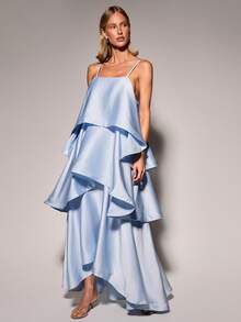 COSMINA Women's Elegant Tailored Long Train Cake Dress Beach Day Party Cocktail Date Vacation Wedding Season Formal Dress Light Blue Summer - Blue - View 2